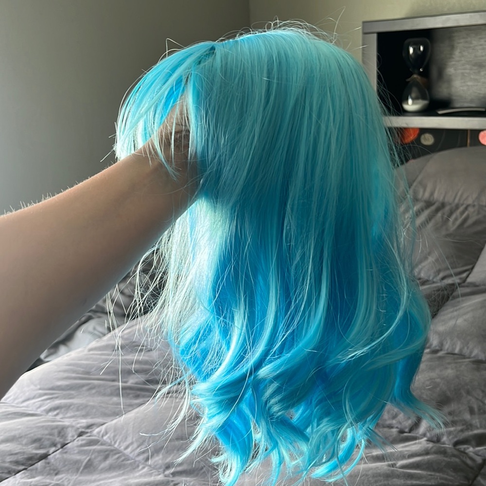 Light blue wig.  Disney zombies alien Halloween costume